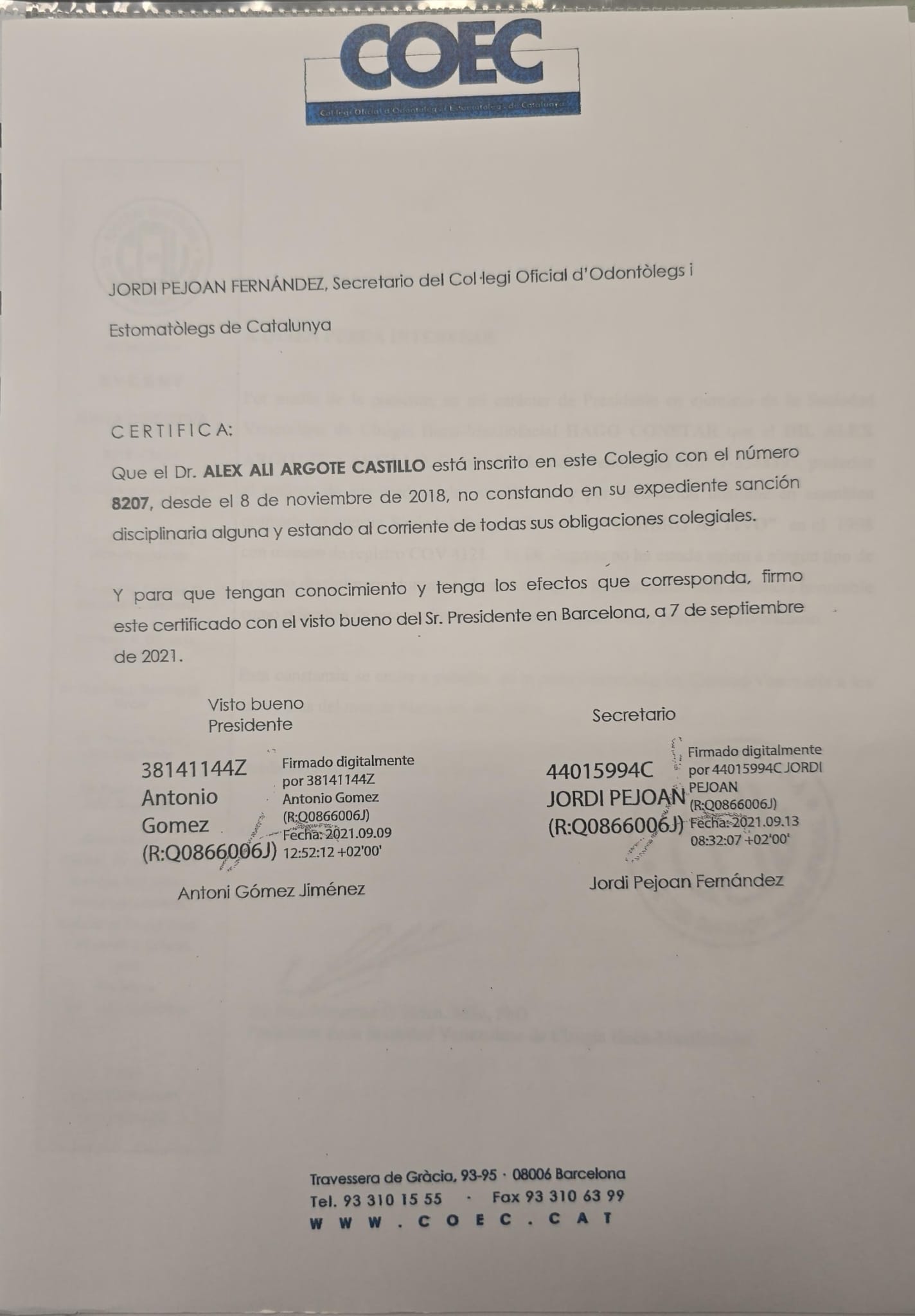COEC Registration Certificate