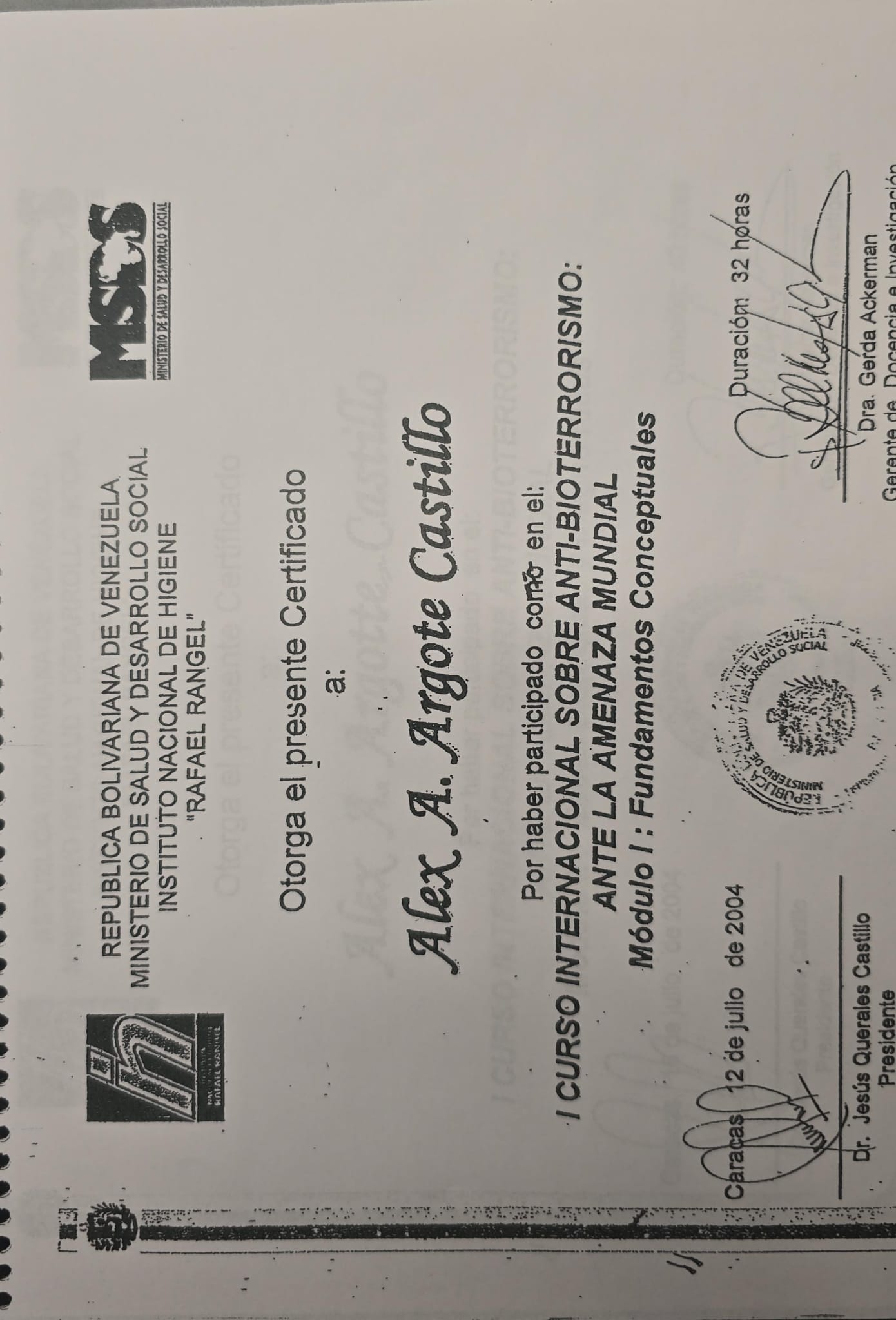 Certificate — International Anti-Bioterrorism Course · Module I
