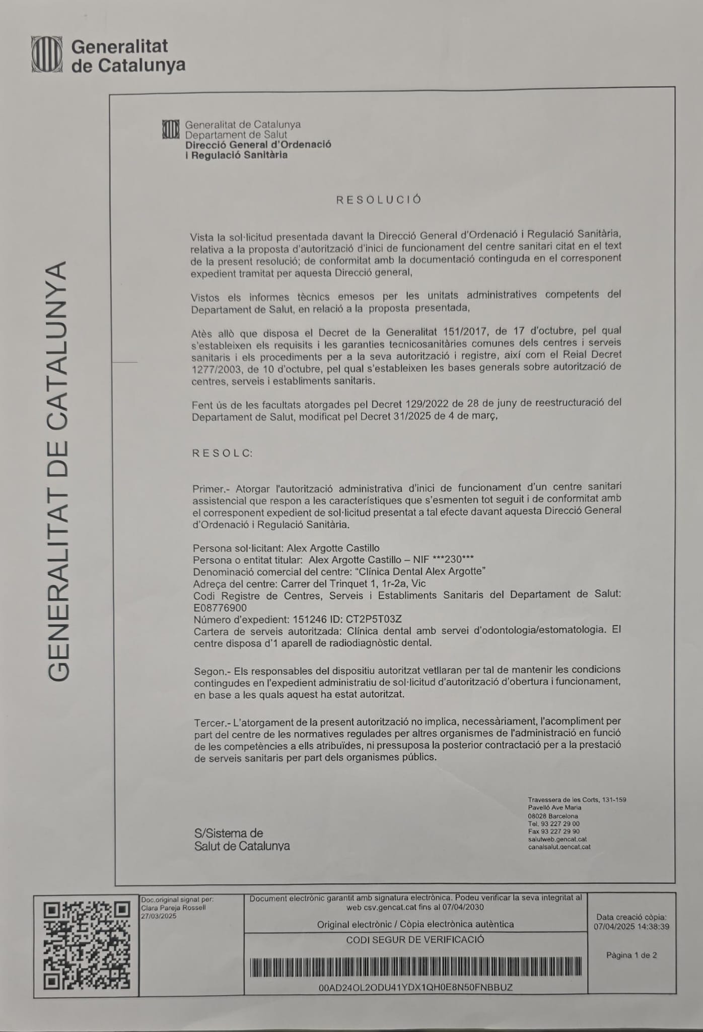 Health Authorization — Opening Resolution